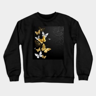 Gold and White Butterflies on black background Crewneck Sweatshirt